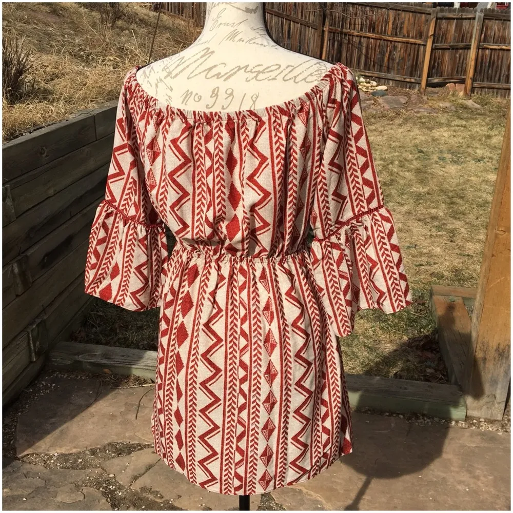 Soprano Red Aztec Off Shoulder Bell Sleeve Dress - Image 3