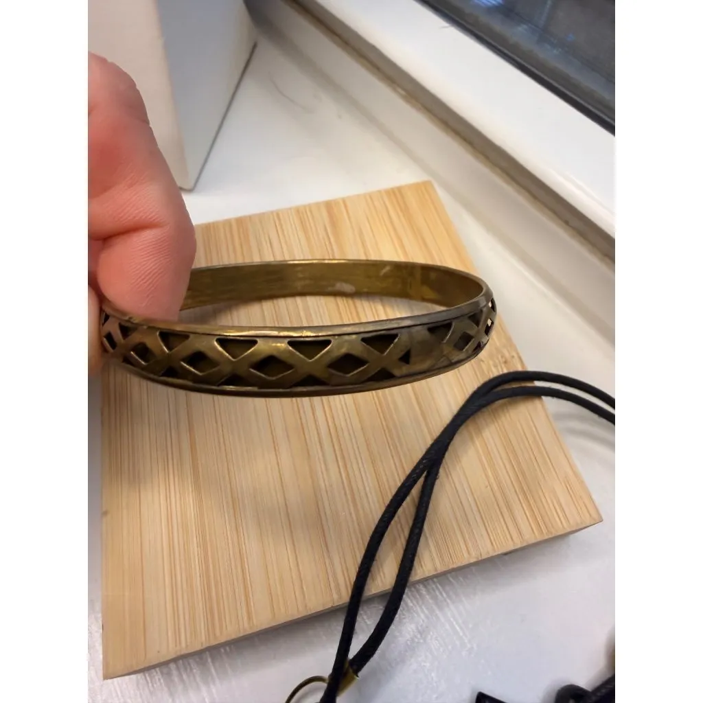 Vintage Brass Bangle & Black Cord Necklace With Textured Pendant And Wooden Bead - Image 2