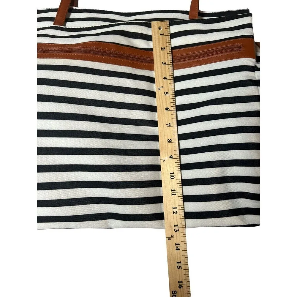 DSW Exclusive-Striped Overnighter Large Tote Bag Black White Canvas Strap Pocket - Image 10