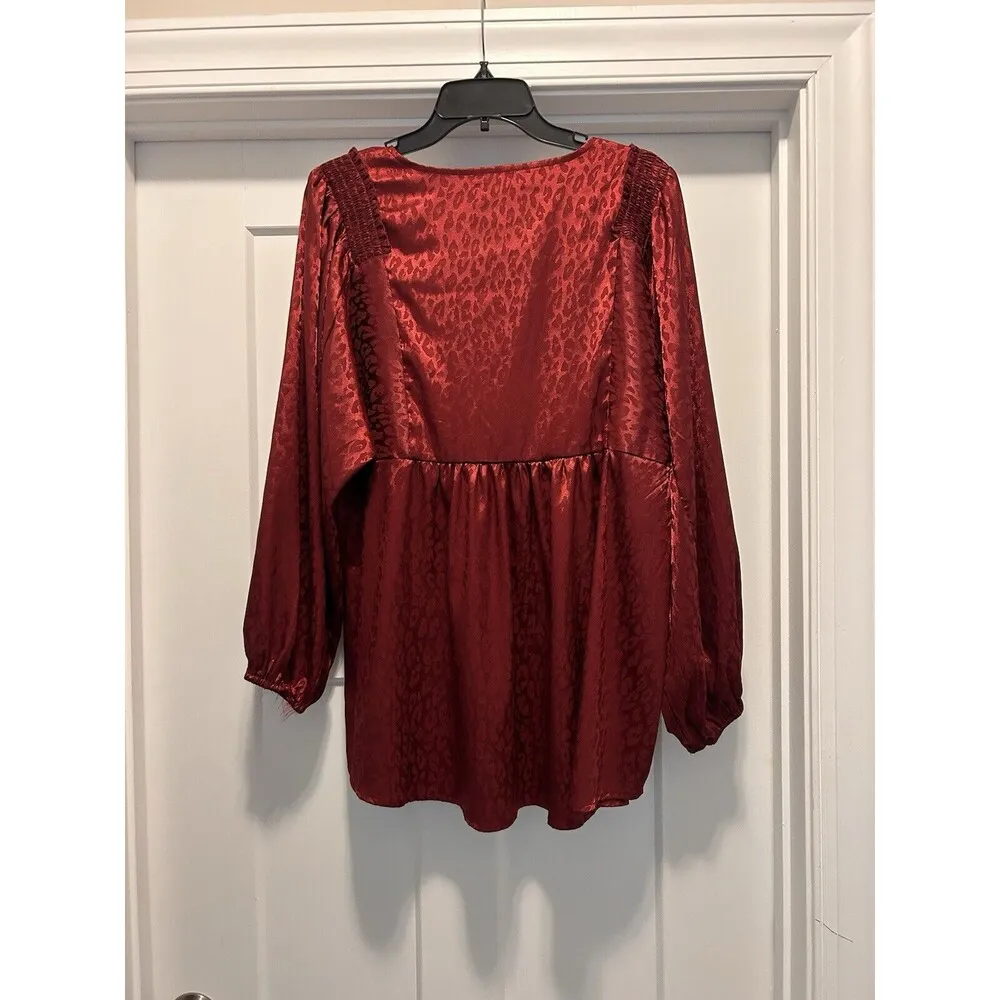Jodifl Blouse Size Large Burgundy Satin Leopard Print V-Neck Babydoll  Tunic LS - Image 4