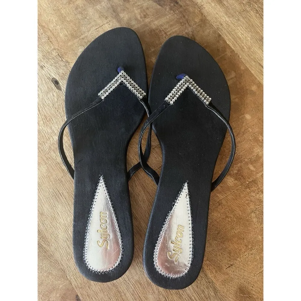 Sylcon Women’s Black Rhinestone Flip Flop Sandals Size 9 - Image 3