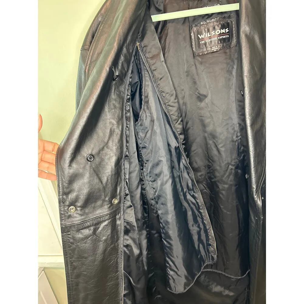 Vintage Wilsons Leather Trench Coat Women M Black Full Length Jacket Thinsulate - Image 8