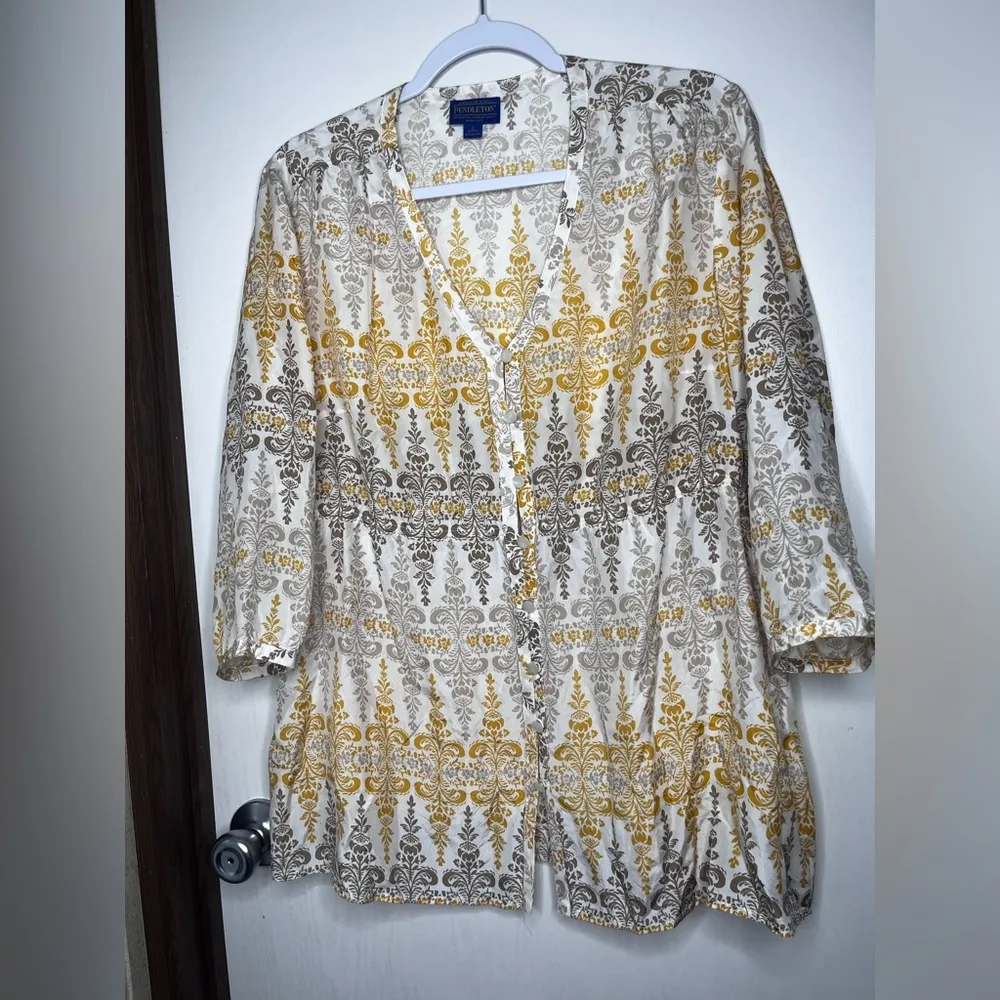 Pendleton Beige and Yellow Floral Blouse Size L - Image 2