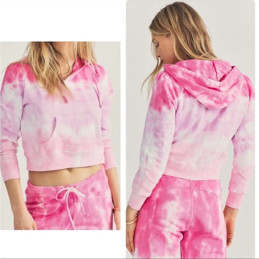LoveShackFancy Cropped Hoodie Sweatshirt Bubble Gum Pink Tie Dye NWT Size Small - Image 3