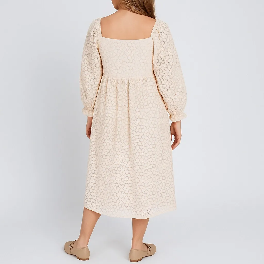 NWT Storia Floral Lace Midi Dress Cream Long Sleeve Square Neck Fit Flare Sz XL - Image 3