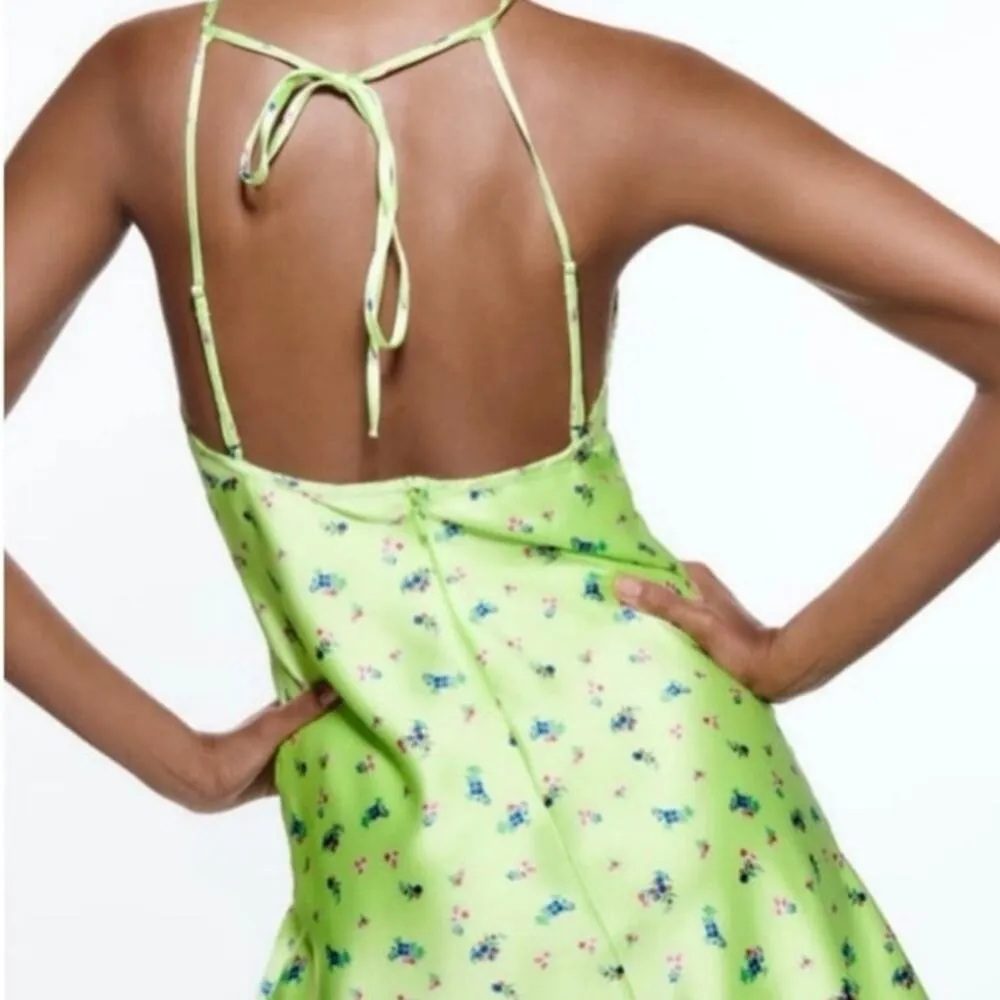 NWOT Zara Neon Green Satin Floral Strappy Mini Dress size Small summer sundress - Image 3