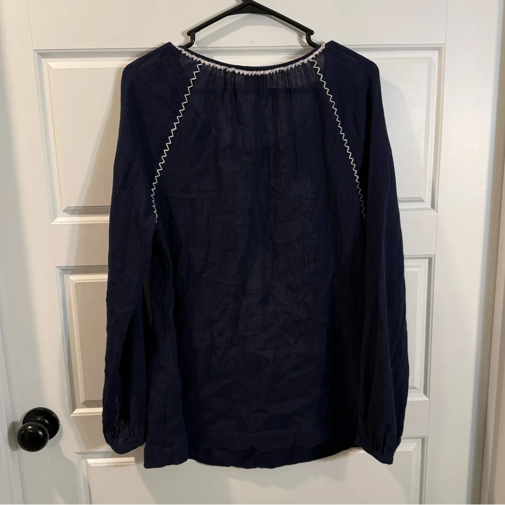 Tory Burch | Kinsley Navy Blue & White Floral Embroidered Top Blouse Keyhole MED - Image 10