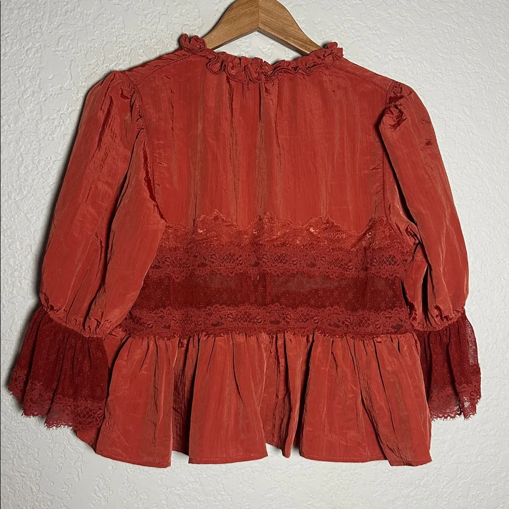 Intimately Free People Rust Lace Top Bed Jacket Sheer Sexy Ties Sateen Victorian - Image 8