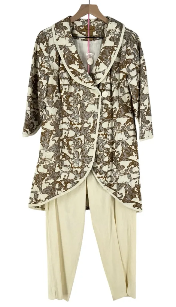 Midnight Velvet Linen Blend High Low Printed Wrap Jacket Cropped Pants Suit Brown Size 12 - Image 1