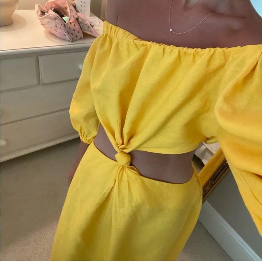 Linen Blend Yellow Off The Shoulder Cut Out Short Sleeve Midi Dress XS - Image 5