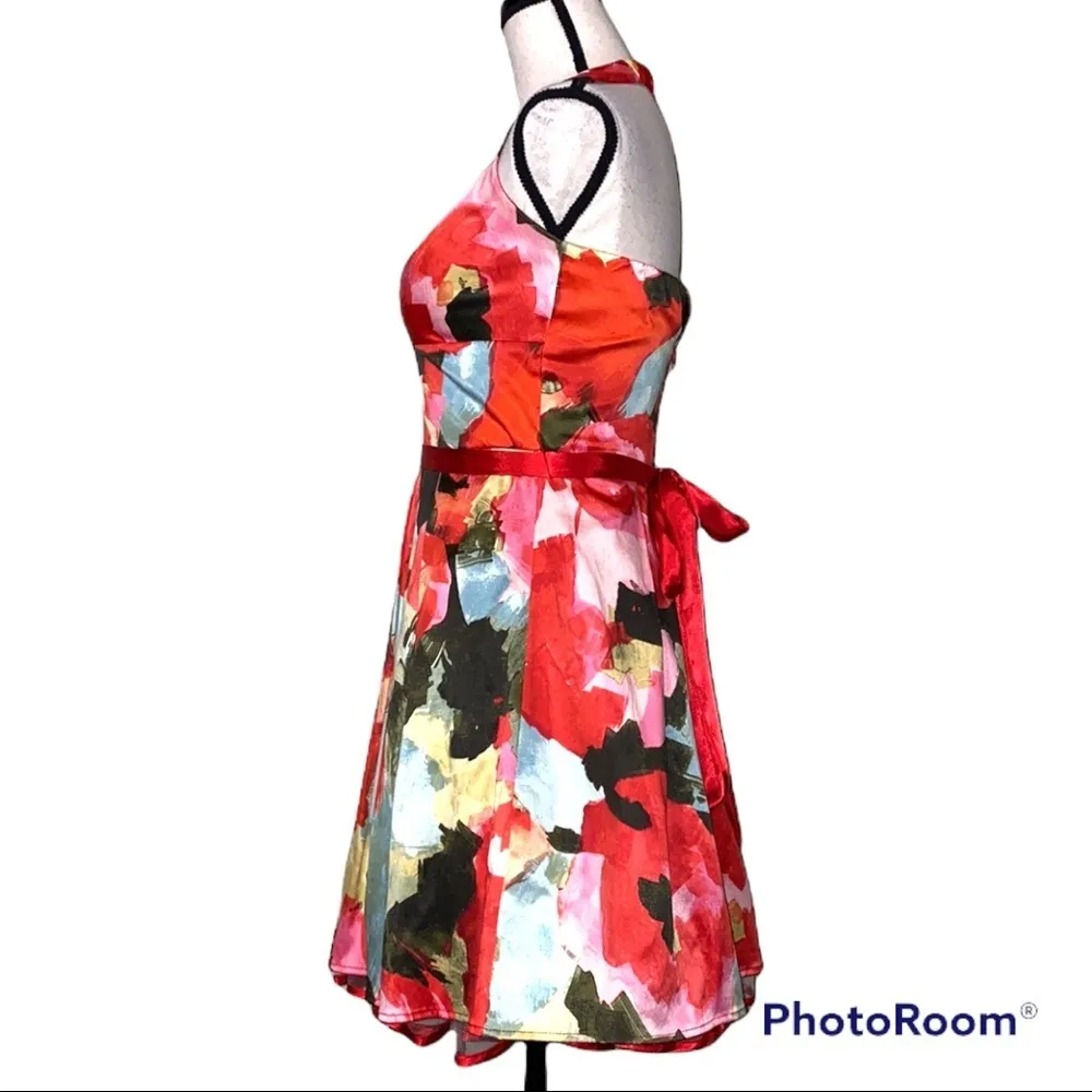B. DARLIN 9/10 lined watercolor floral print pin up halter top zip back belted - Image 5