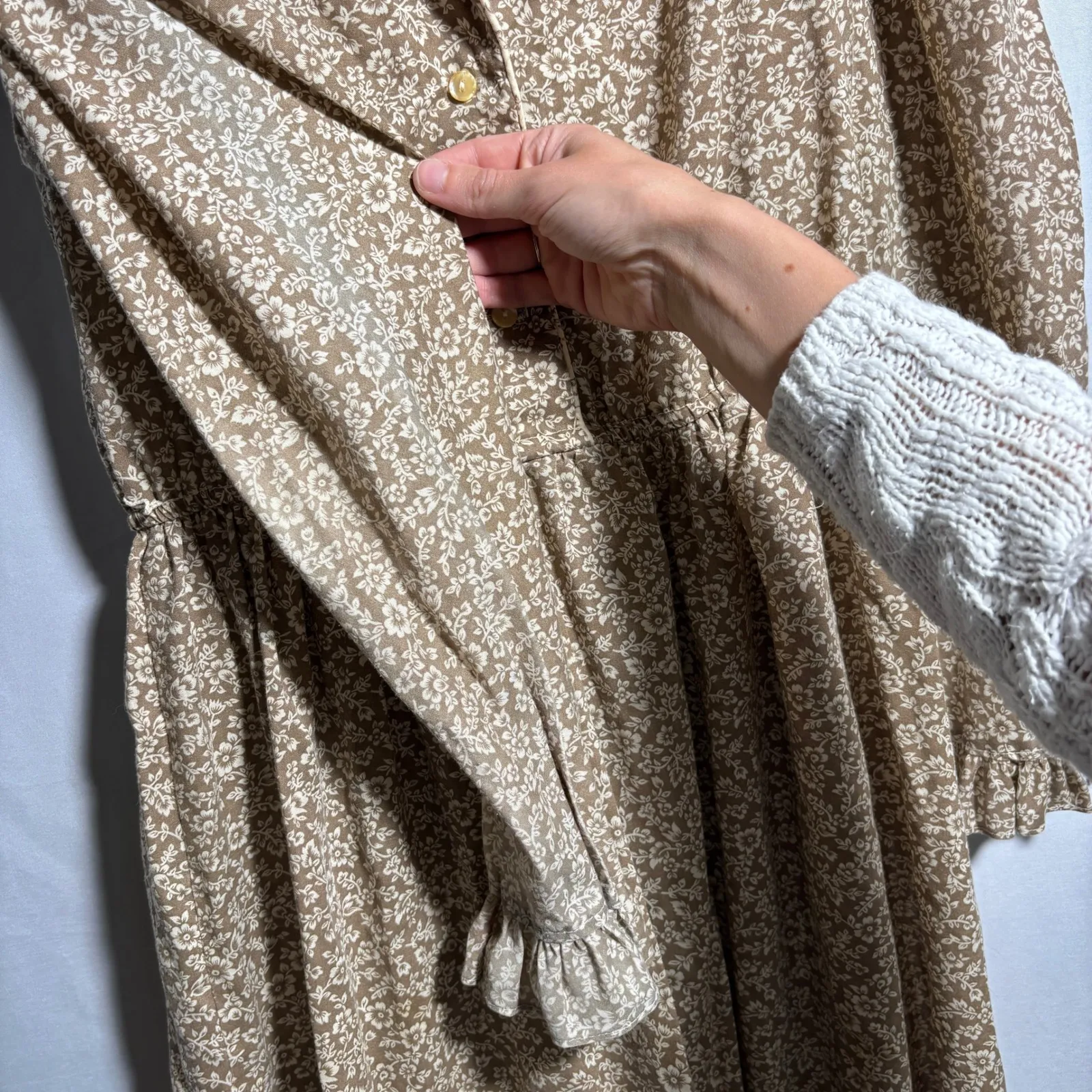 Vintage Brown Floral Prairie Midi Maxi Dress Long Sleeve Cottage Core Boho M SEE Size M - Image 5