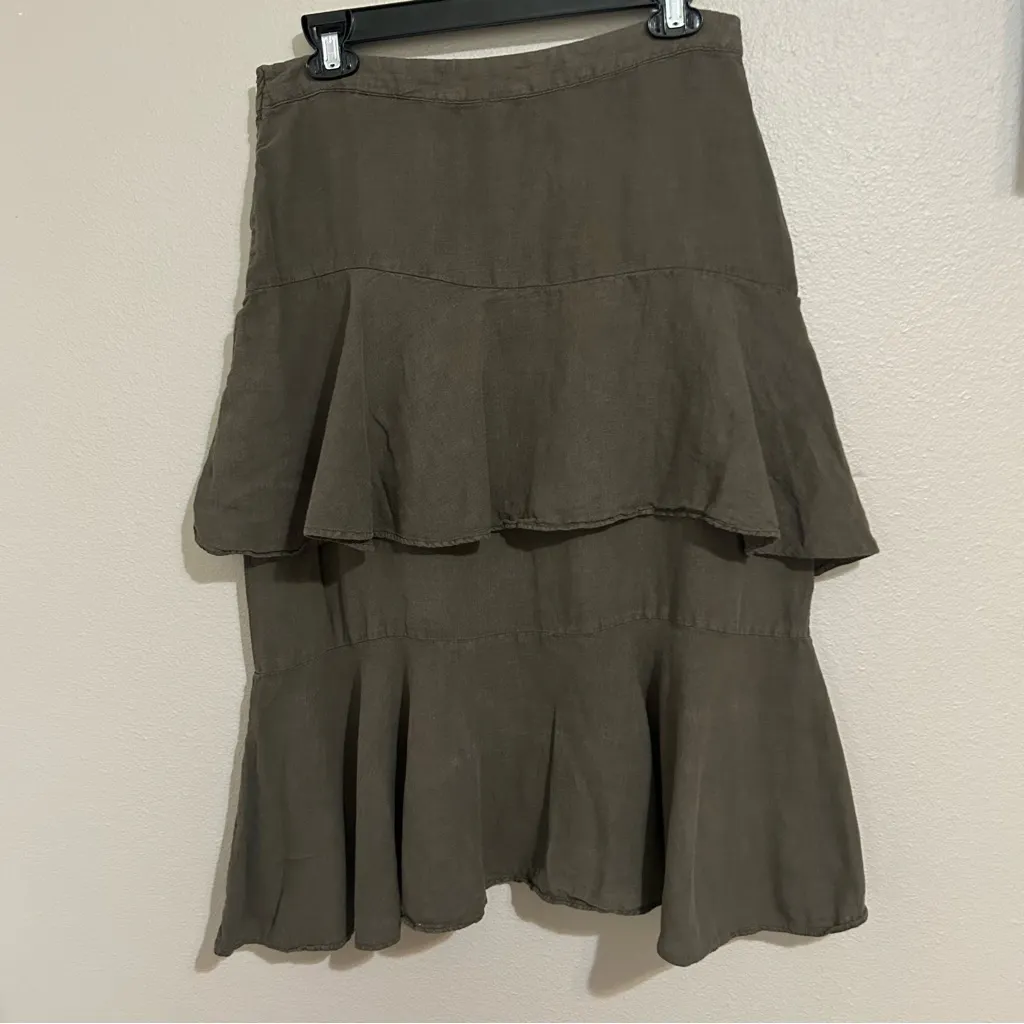 Zara green linen blend ruffle tiered midi skirt women’s size small - Image 7