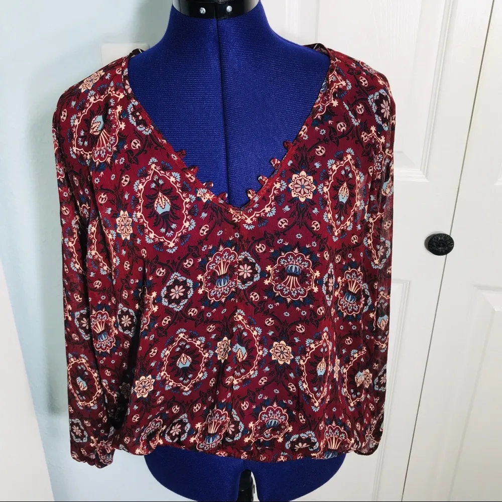 Chloe K Boho Paisley Floral Maroon Red V Neck Long Sleeve Peasant Blouse Size XL - Image 2