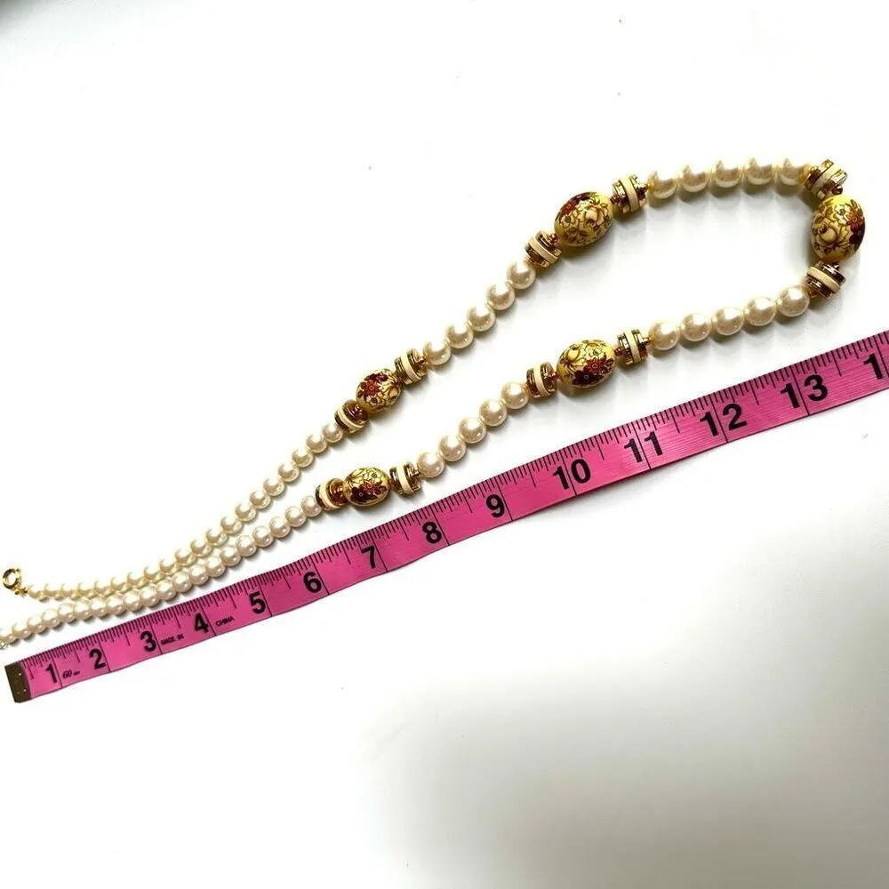 Vintage Faux Pearl floral beaded long necklace - Image 7