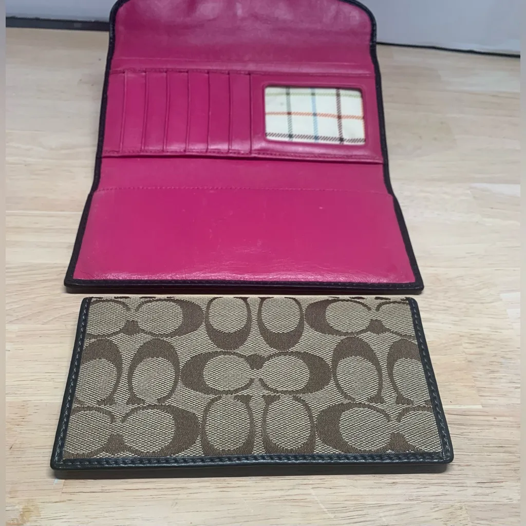 Coach Vintage Bleecker Signature Jacquard Checkbook Wallet Brown Pink Tattersall - Image 7