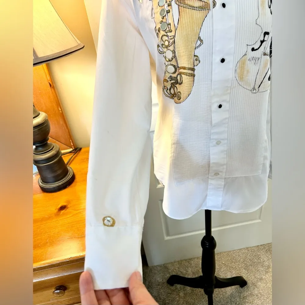 NEIL ALLYN Hand Painted Sax/Violin/Clarinet Chorus~Band~Jazz Tux Blouse Sz S White - Image 7