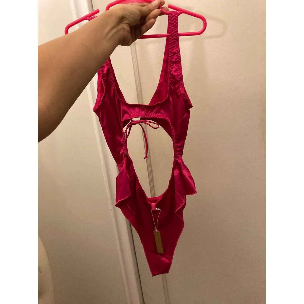 Raspberry Pink Satin Woven Shine Tie Front Teddy - Image 3