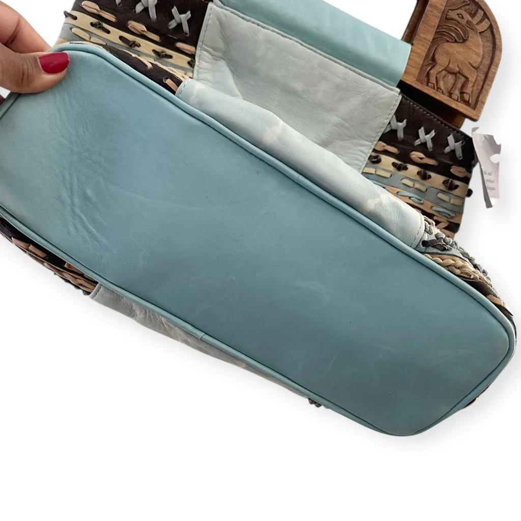 Konjo Ababa Handmade Carved Wooden Handle Woven Leather Bag Made in Ethiopia Blue - Image 5