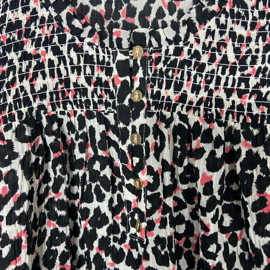 NWOT LOFT women’s black white pink leopard print ruffle elastic button‎ blouse M - Image 3