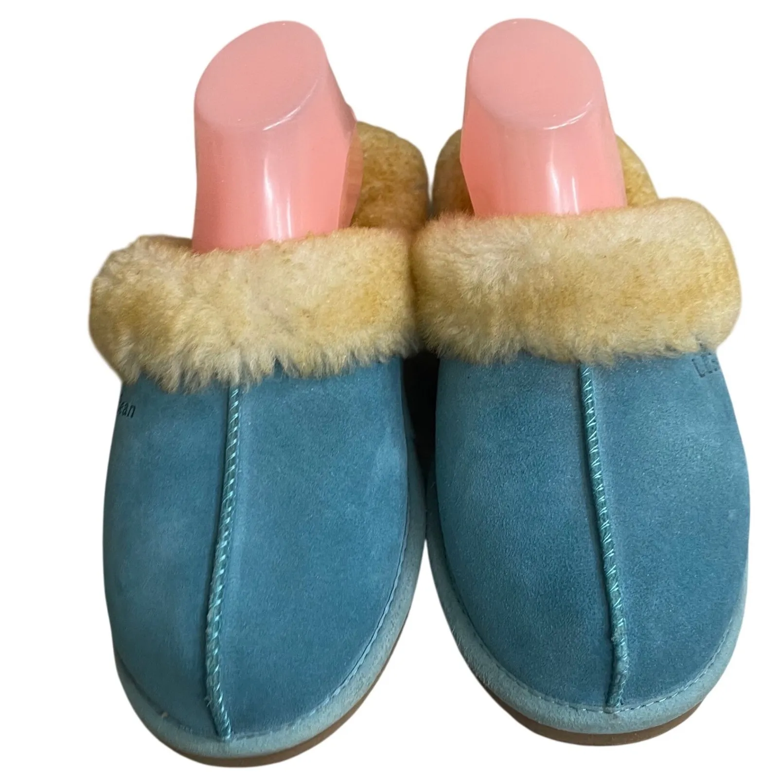 L.L. Bean Wicked Good Shearling Lined Slides Blue 10 Medium Slippes tried on EUC - Image 2