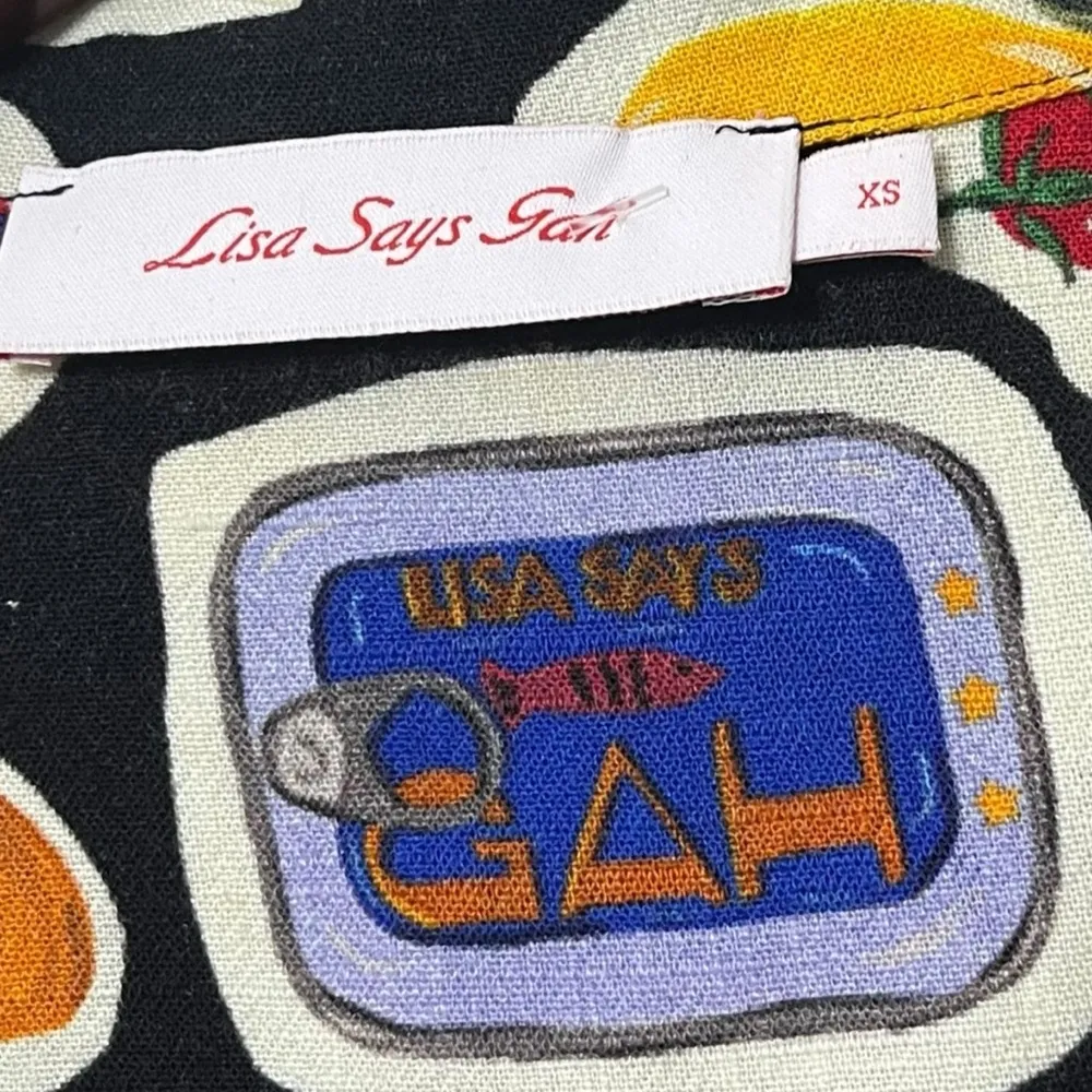 Lisa Says Gah Andie Italian Print Top Women’s Size XS Button Front Retro Look Black - Image 7