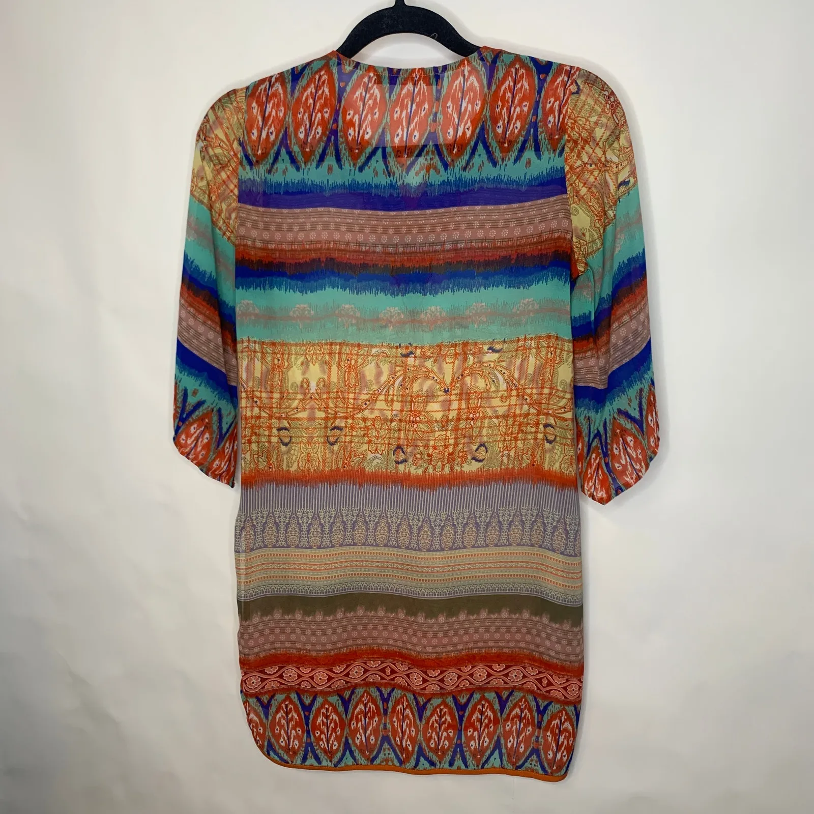 Sheer Bright Tunic Tribal Pattern Embroidered Collar Sz Small Orange - Image 7