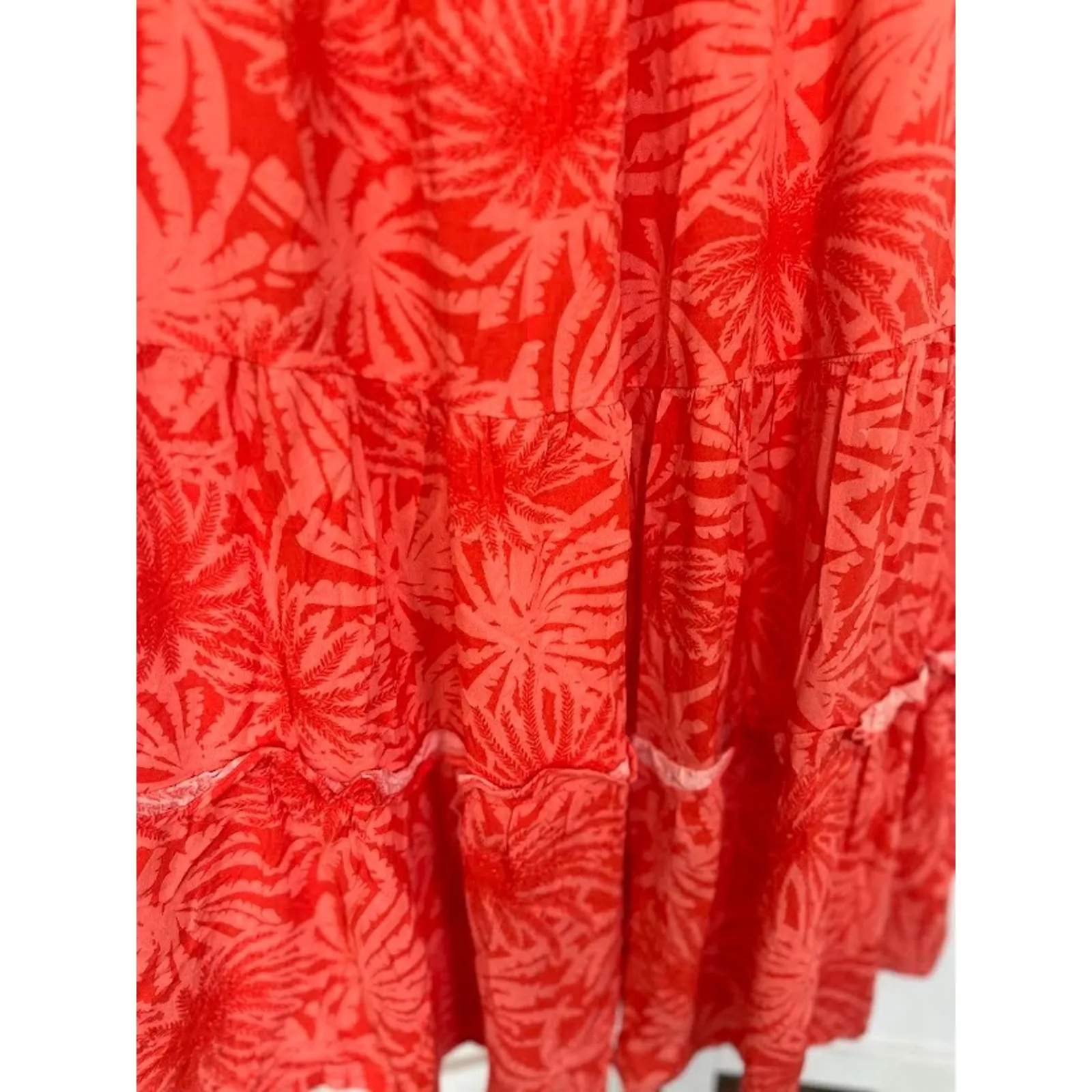 Betsey Johnson Maxi Dress Large Orange Palm Leaf Print Tropical Tiered Smocked - Image 5