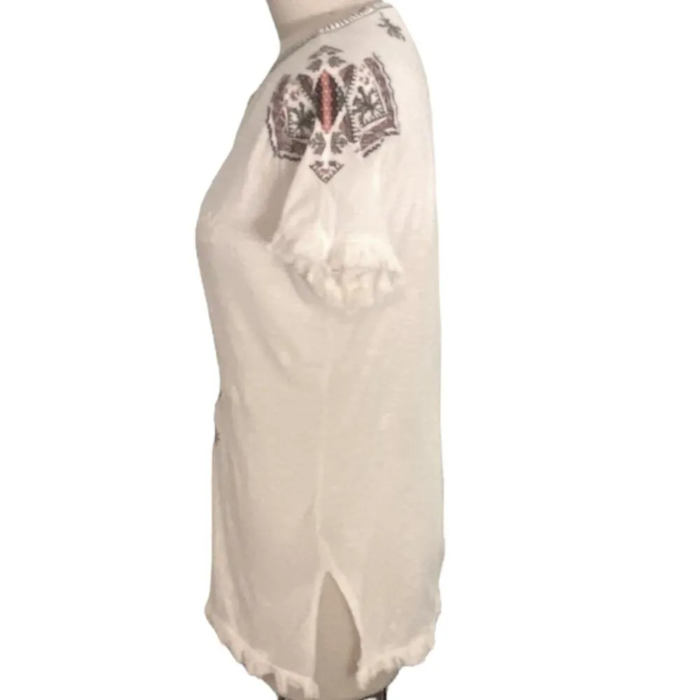 RUFF HEWN Ladies BOHO CHIC Embroidered White Short Sleeve Fringe Blouse ~ Size S - Image 4