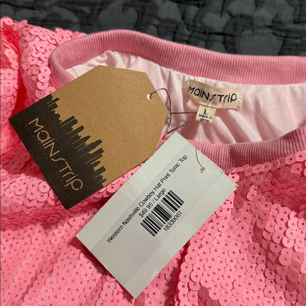 Mainstrip size large Western Nashville cowboy hat tunic top pink sequins flaw Silver - Image 12
