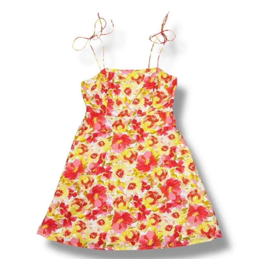Old‎ Navy Floral Linen Tie Shoulder Cami Mini Dress Sundress Pink Yellow Small - Image 13