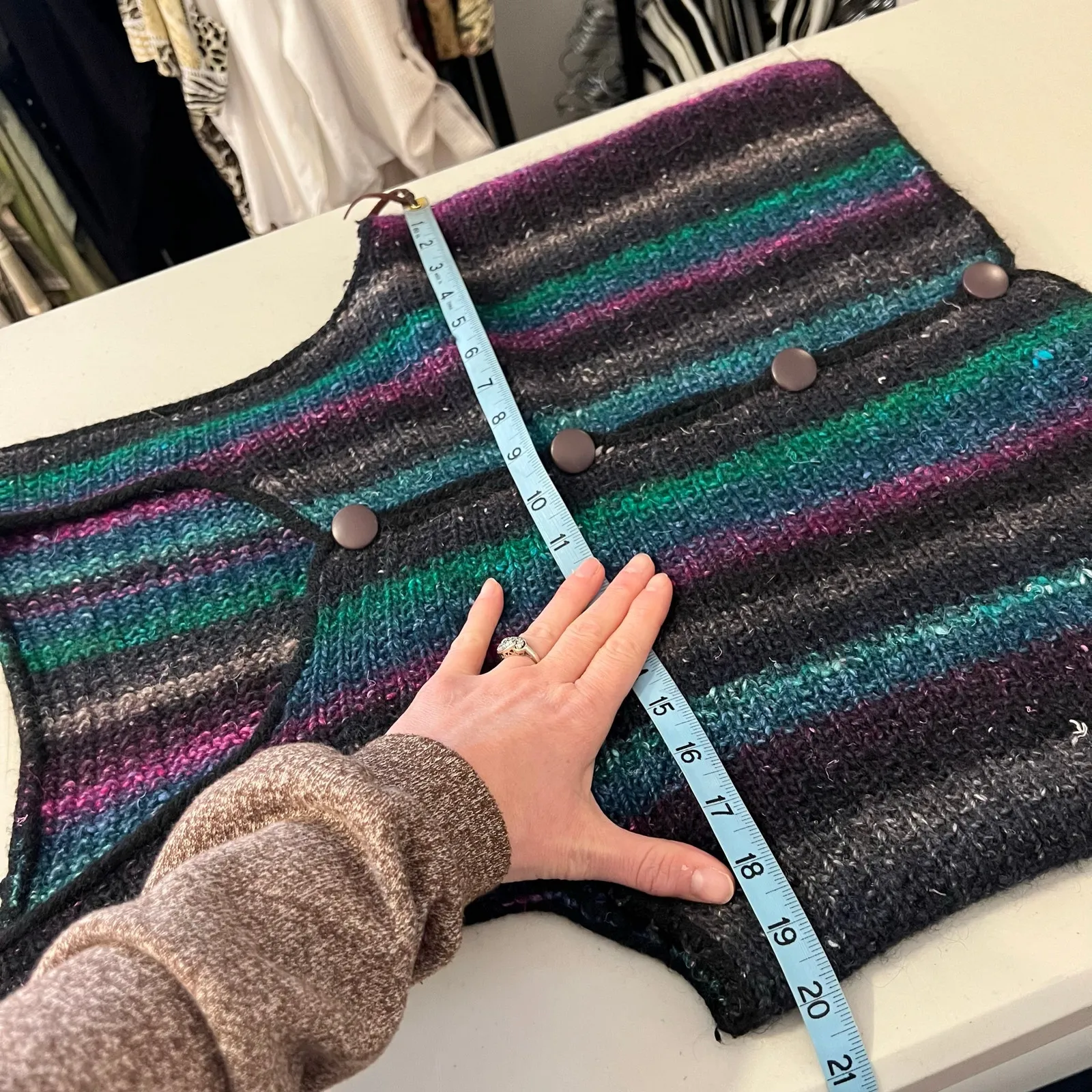 Handmade Wool Woven Rainbow Multi Colored Button Front Sweater Vest Size Large - Image 9