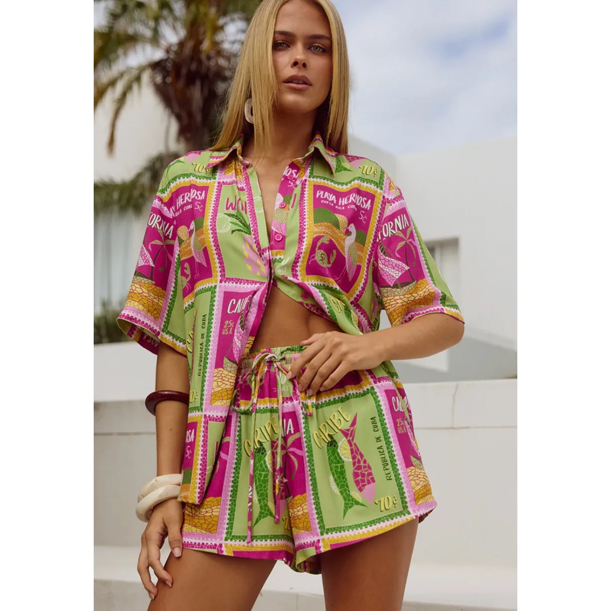 Seven Wonders Two Piece Set‎ Womens XS Purple Green Hawaiian Aloha Shirt Shorts - Image 11