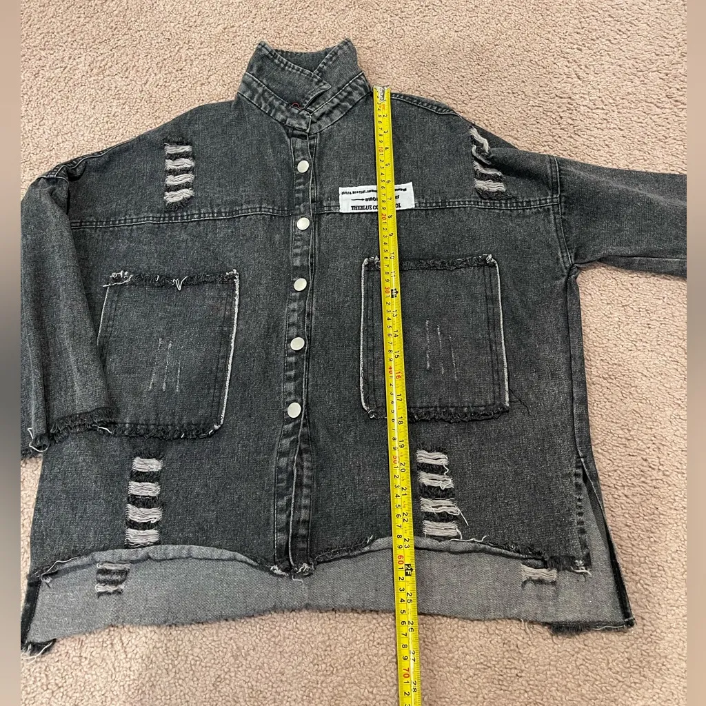 FBYDLL Drop Shoulder Ripped Denim Distresses Jacket Retro Y2k Black Size L - Image 5