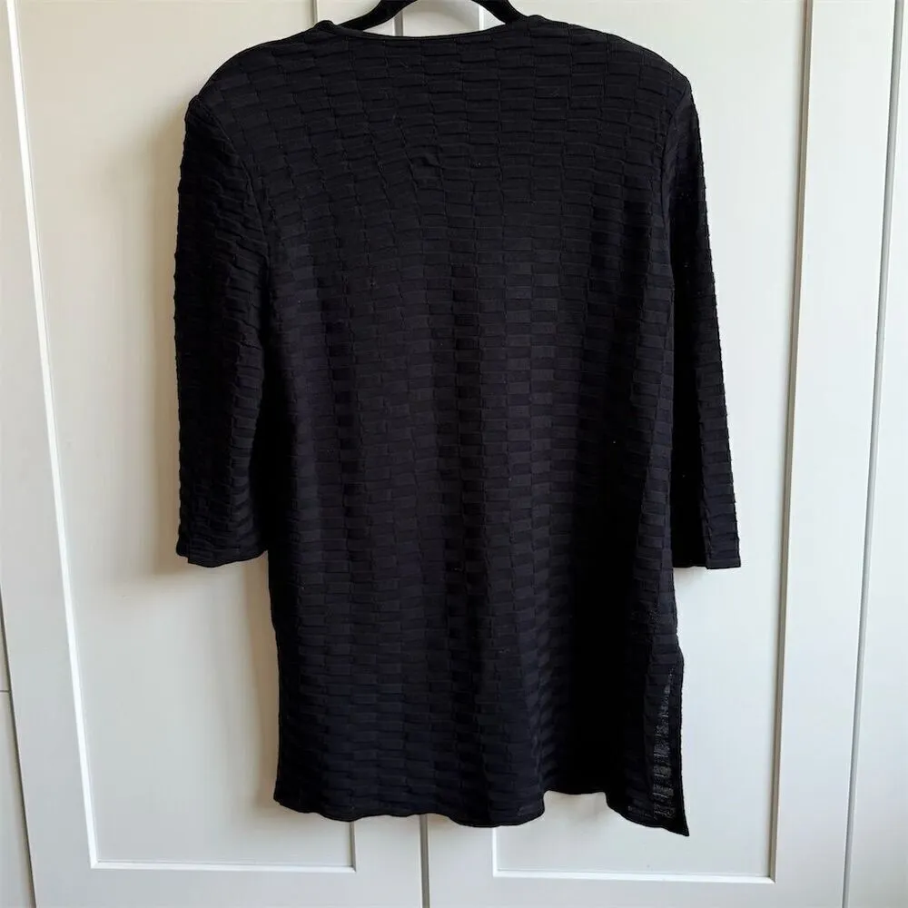 Misook Women's Black Textured Knit Long Open Jacket Cardigan Size L 3/4 Sleeve - Image 2