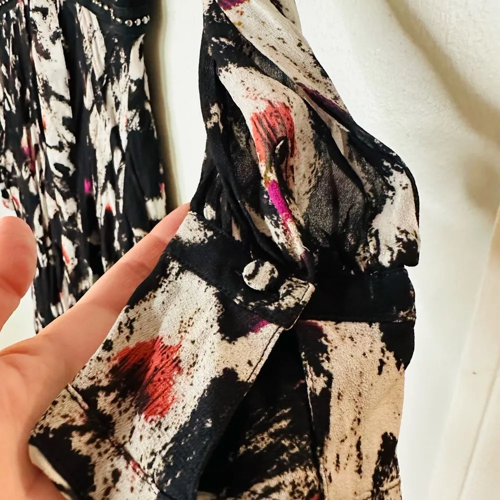 ALLSAINTS Lizia Wing Silver Studded Black Floral Asymmetrical Rocker Dress Size2 - Image 9