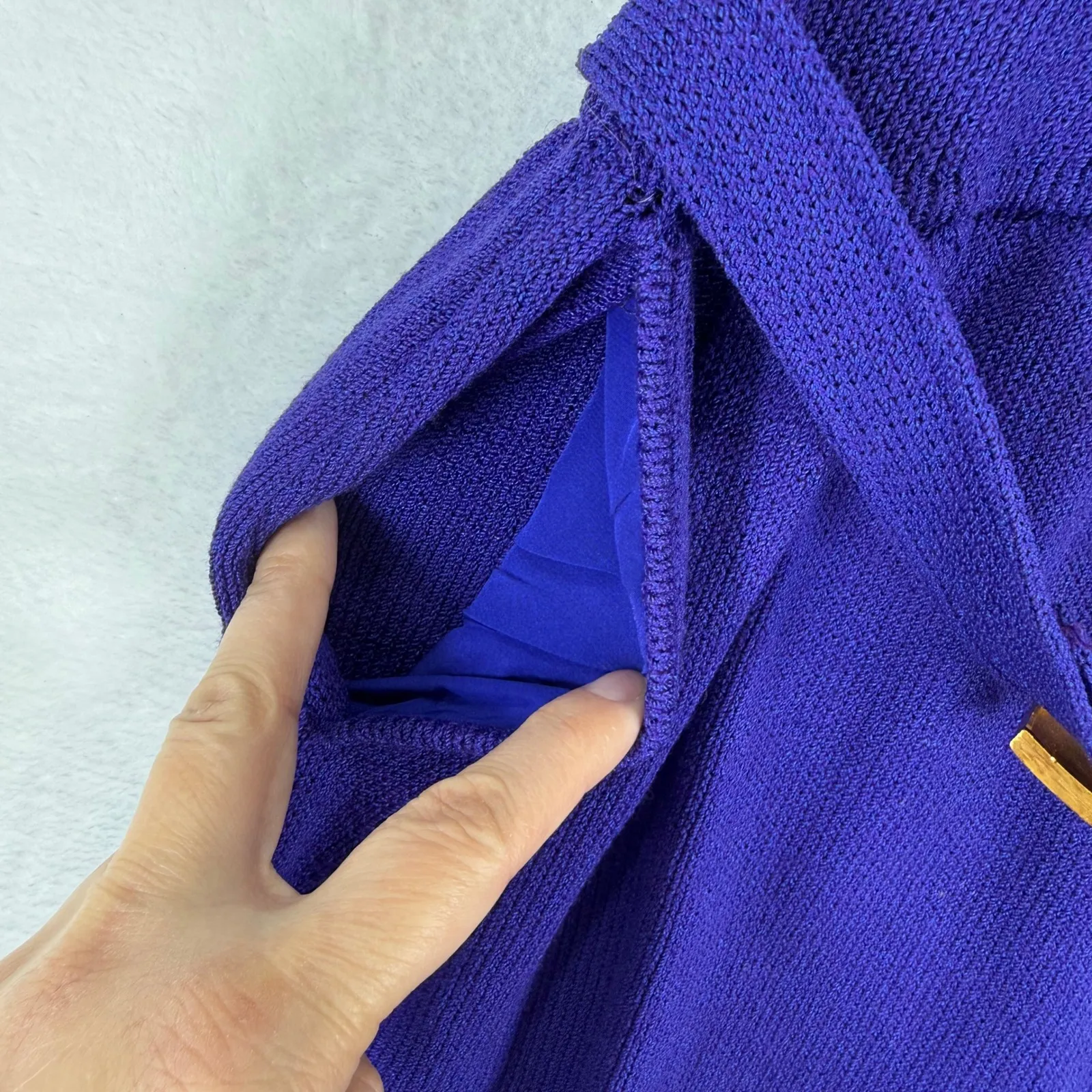 St John Vintage Purple Santana knit Ribbed Midi Dress Gold Buckle Belt Sz 14 Blue - Image 11