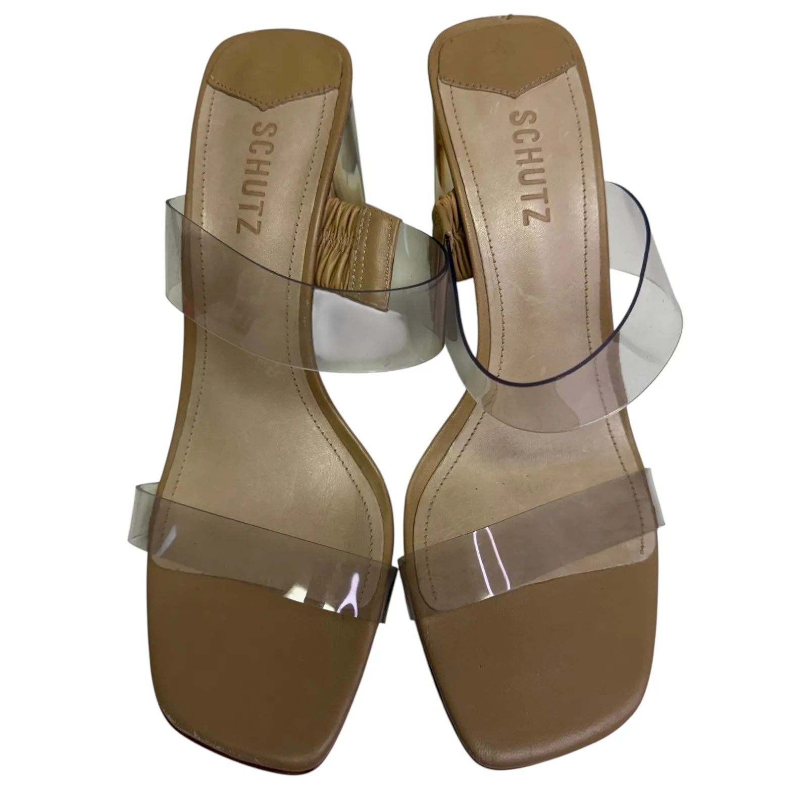 SCHUTZ Ariella Women Clear Strap Block Heel Sandals Tan Leather Square Toe Shoes - Image 5