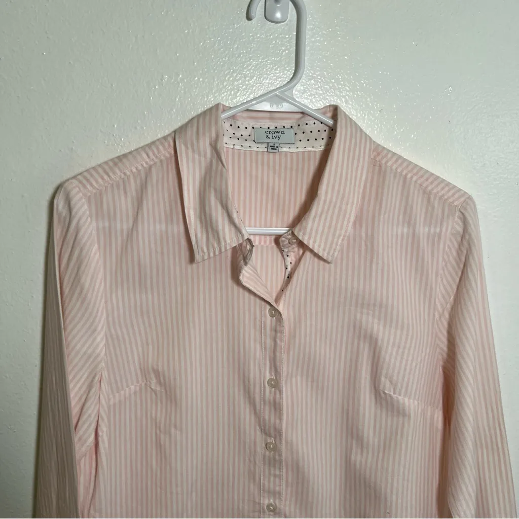 Crown & Ivy Button Down Blouse Light Pink White Pinstripes S - Image 3