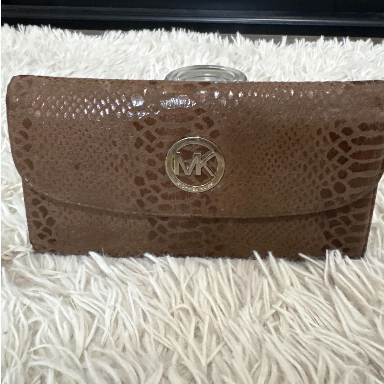 Michael Kors Brown Snakeskin Embossed Leather Clutch Wallet MK Logo - Image 2