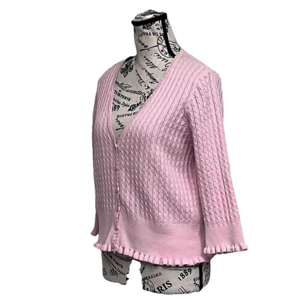 Jeanne Pierre Pink Cotton Ruffle Trim Cardigan Sweater Coquette Y2K Cottage PL - Image 3