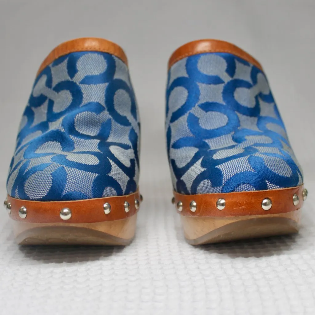 Vintage Coach Blue Signature Logo Bacall Wood Leather Clog Mule Heels Shoes 5B - Image 4