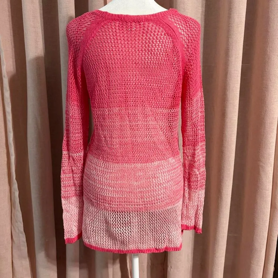 Pink Open Knit Crochet Long Sleeve Top - Image 2