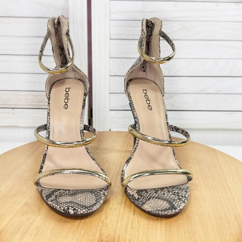 Bebe Berdine Y2K Snakeskin Gold‎ Band Strappy Sandals Heels Tan Brown 8 - Image 2