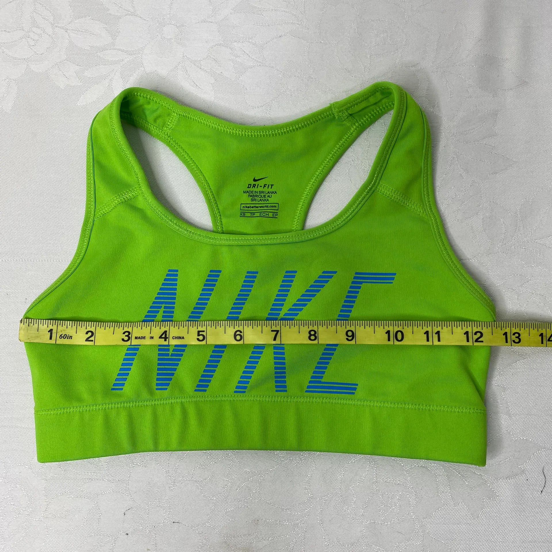 Dri fit Neon Green athletic sports bra with blue letters size XS - Image 6