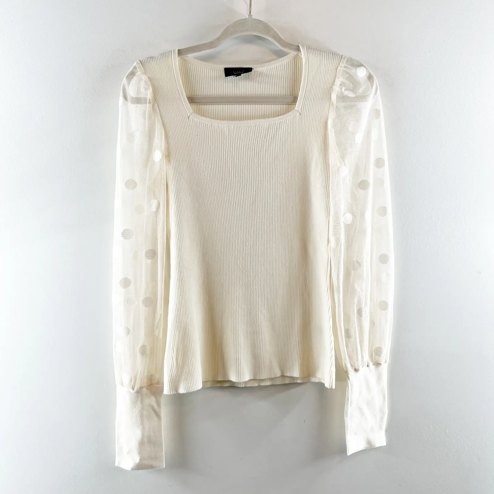 Vici Ribbed Square Neck Polka Dot Sheer Long Sleeve Sweater Blouse Ivory Medium - Image 2