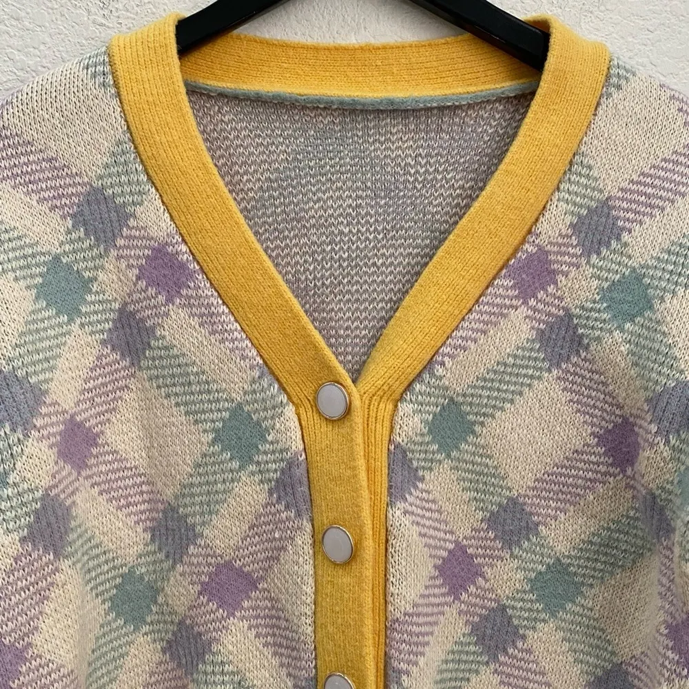 Checkered Plaid Yellow/Purple V Neck Knit Cropped Cardigan Sweater Yellow - Image 6