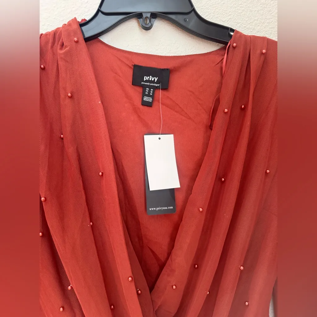NWT Privy Rust Orange Long Sleeve Wrap Bodysuit, Size Medium - Image 3