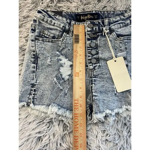 Indigo Rein Button Fly Distressed Acid Wash Jean Shorts Size‎ 9 Mid Rise Raw Hem - Image 4