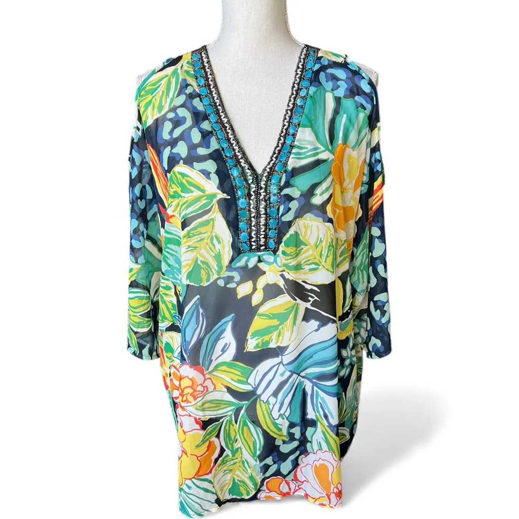 Melissa Paige floral Cold Shoulder Top tunic Multicolor coverup tropical beachy - Image 2